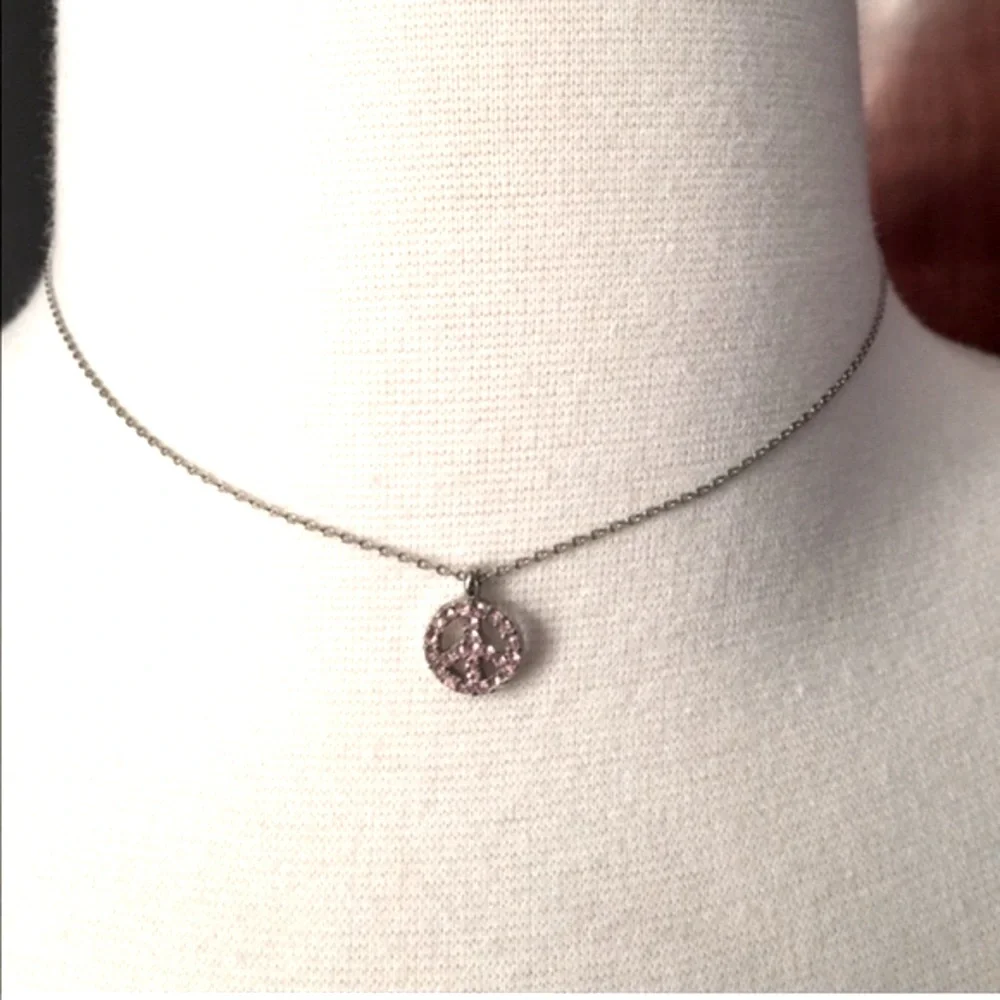 Pink Crystal Peace Sign Pendant Necklace